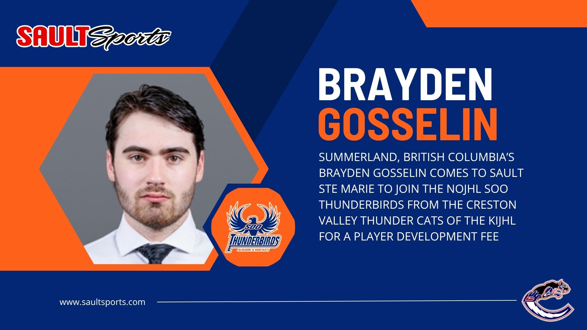 Soo Thunderbirds Acquire Defenseman Brayden Gosselin from Creston Valley