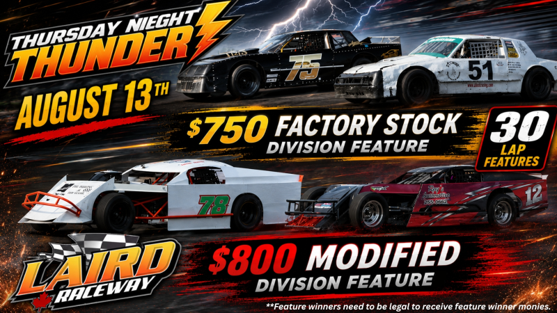 $750 for Factory Stock and $800 for Modified Up for Grabs August 13th Thursday Night Thunder