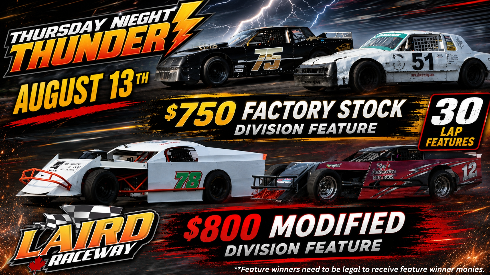 $750 for Factory Stock and $800 for Modified Up for Grabs August 13th Thursday Night Thunder